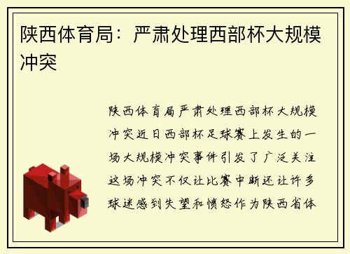 陕西体育局：严肃处理西部杯大规模冲突